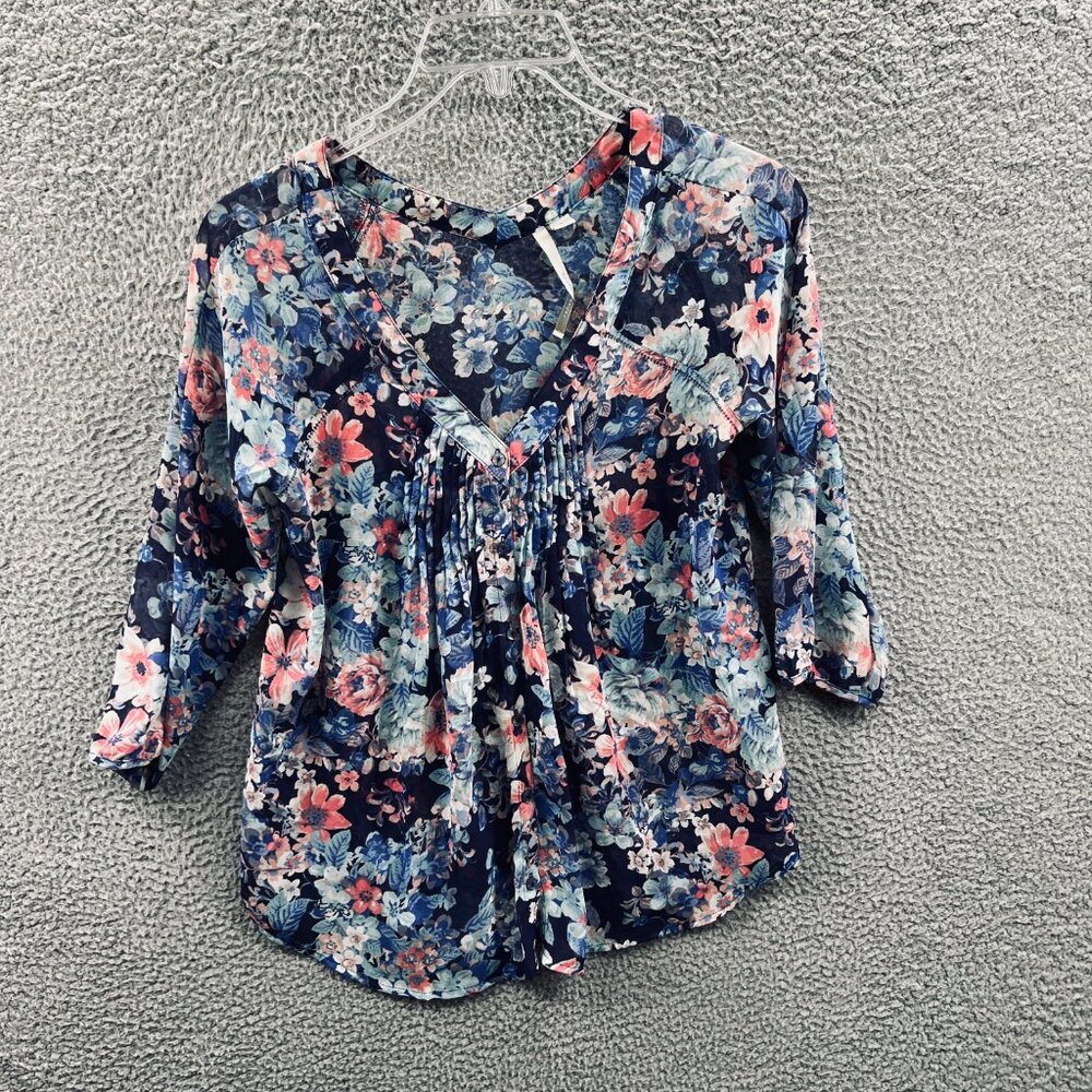 Lauren Conrad‎ Womens Top Small Floral Pleated Blouse Navy Pink Blue 3/4 Sleeve
